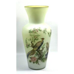 Vintage Norleans Cased Satin Glass Hand Painted Bird & Flowers Glass Vase 14" T